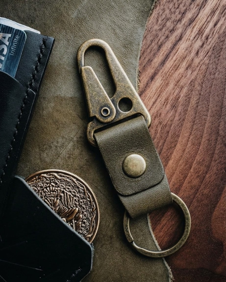 Olive leather key chain with antique brass hook and ring